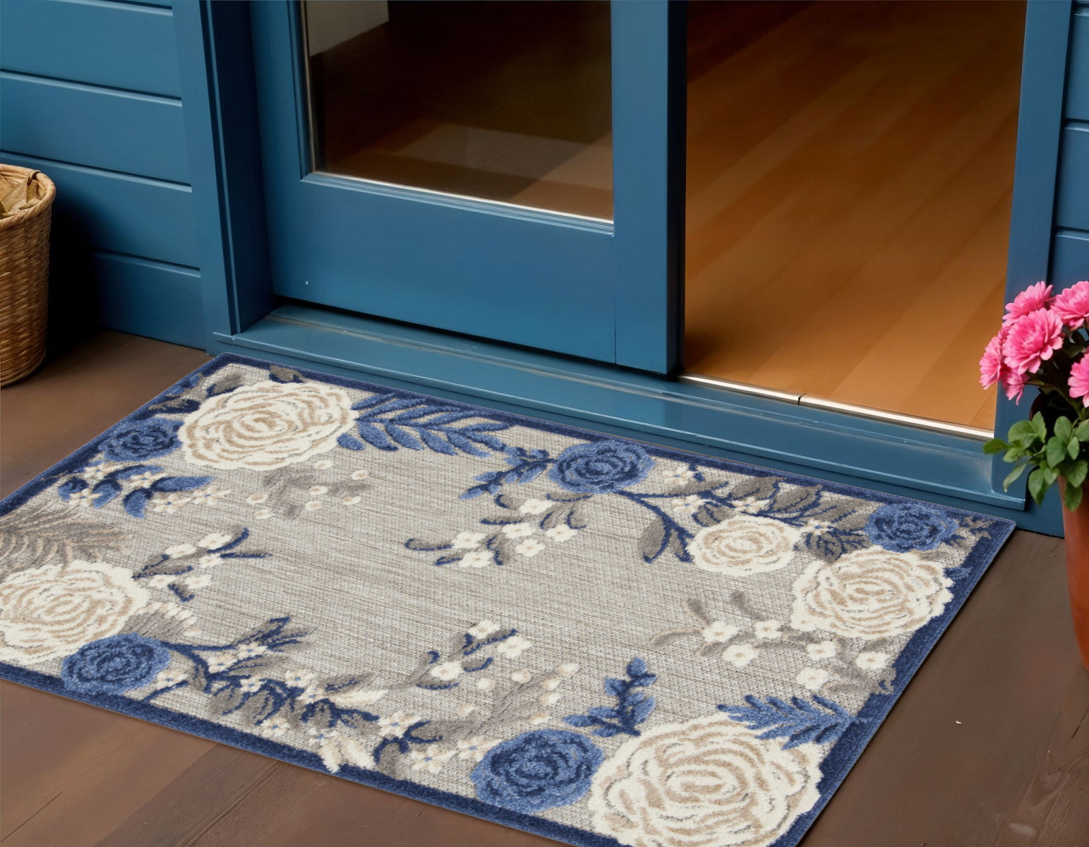 3' X 4' Blue and Gray Floral Indoor Outdoor Area Rug - Outdoor
