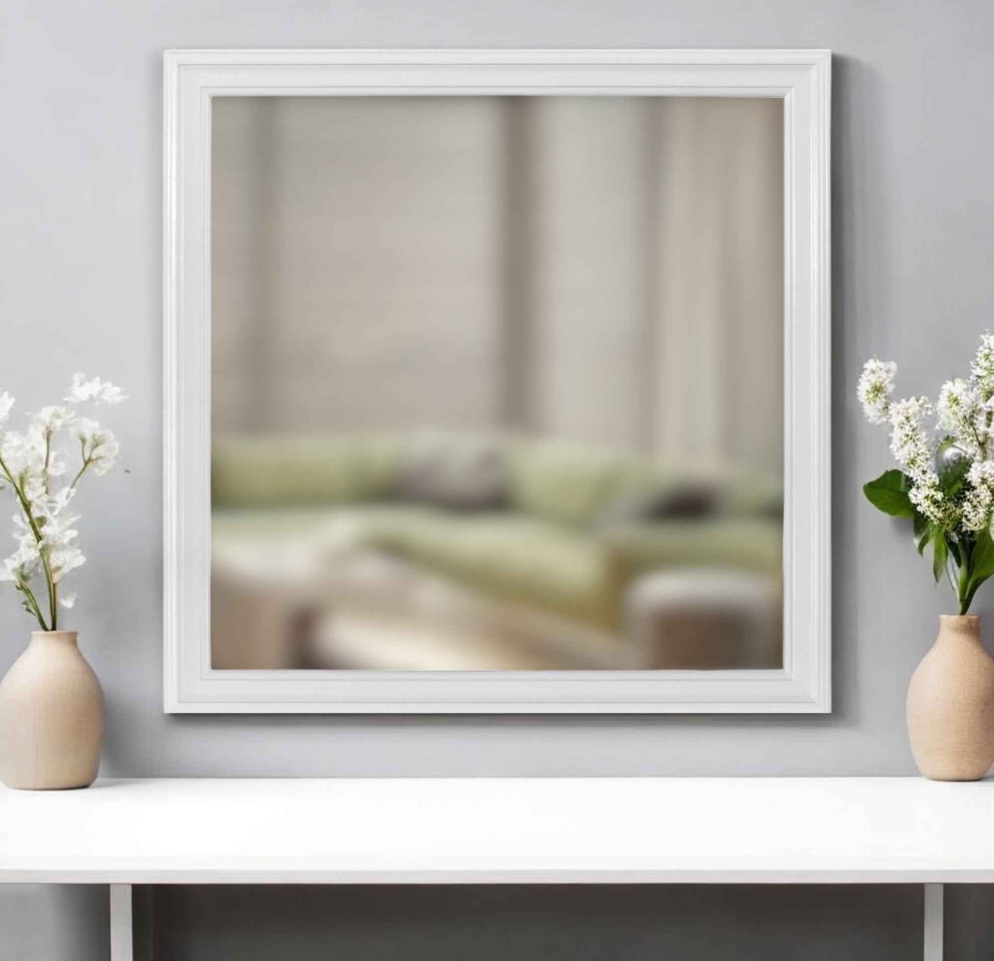 38" White Square Wood Framed Accent Mirror