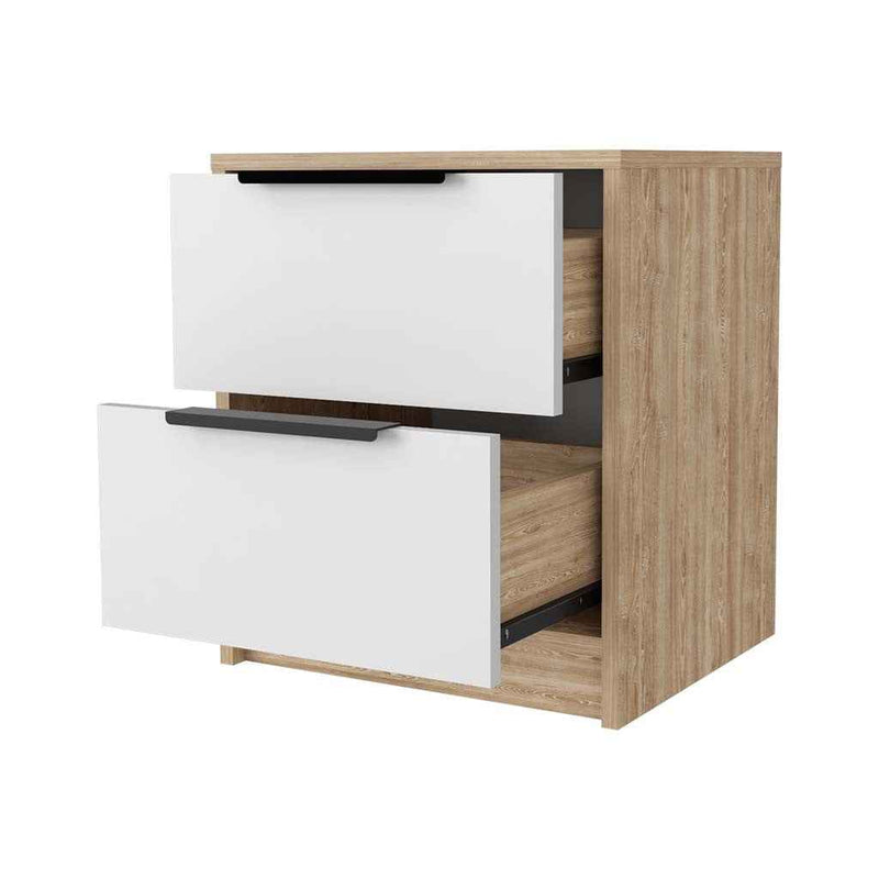 19" White And Natural Wood Two Drawer Nightstand