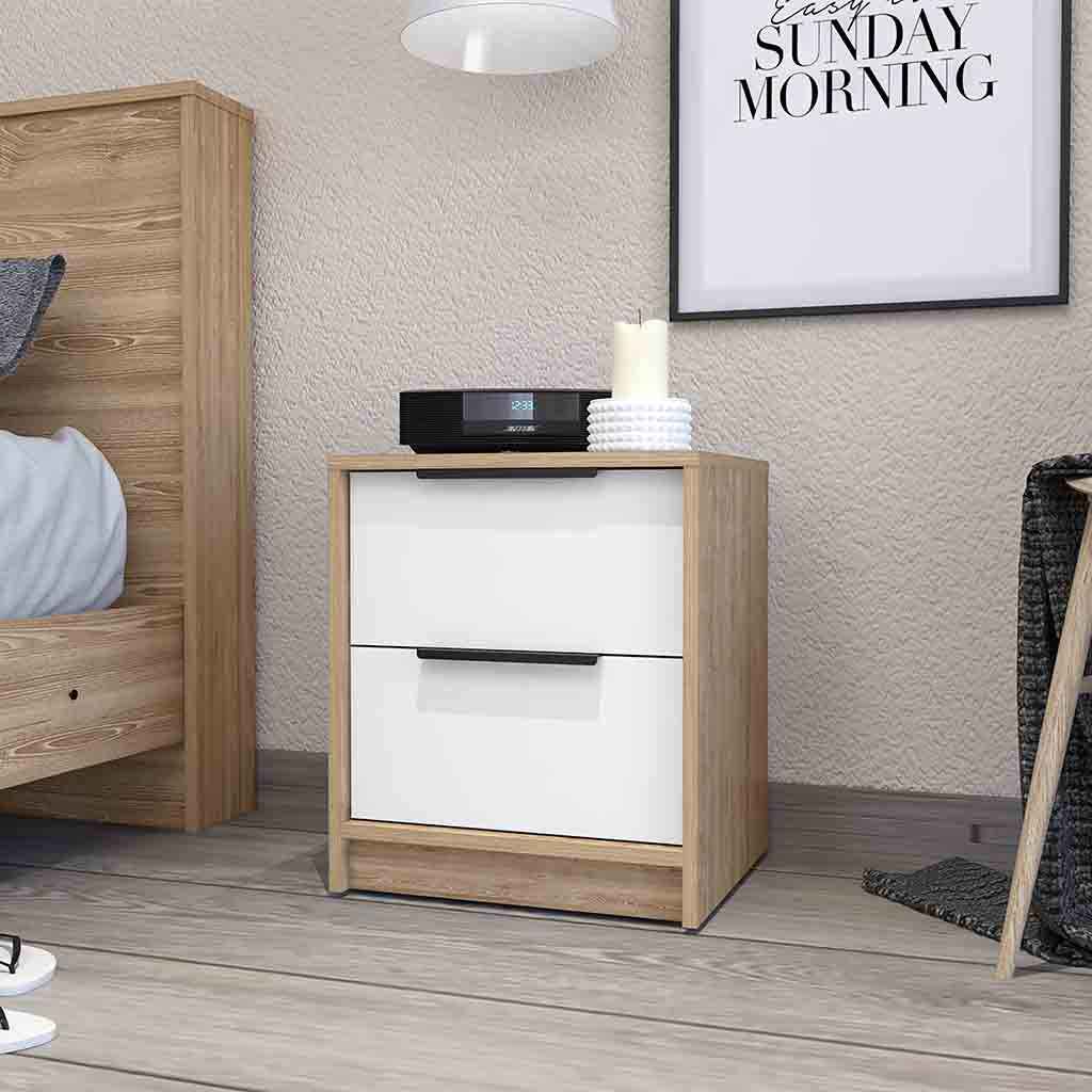 19" White And Natural Wood Two Drawer Nightstand
