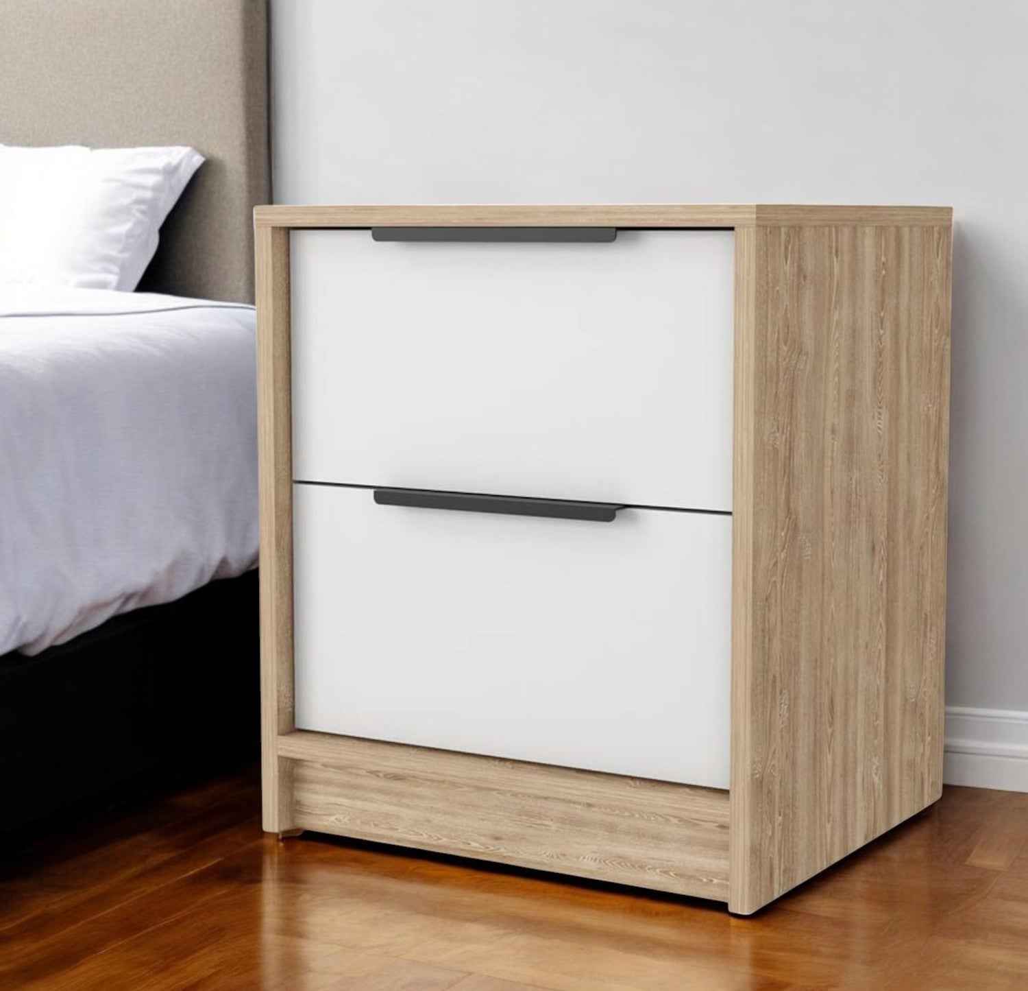 19" White And Natural Wood Two Drawer Nightstand
