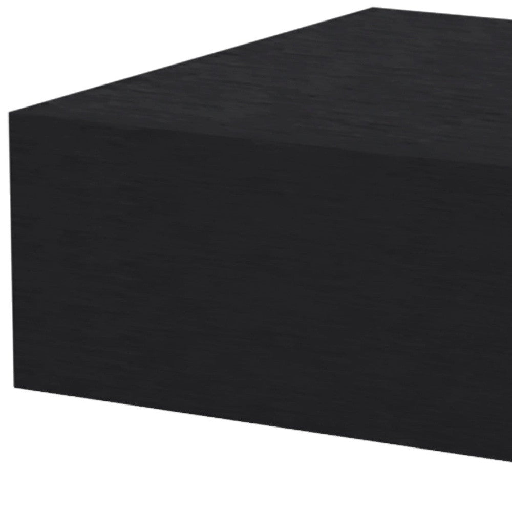 Black floating nightstand body with smooth edges and wood-grain finish