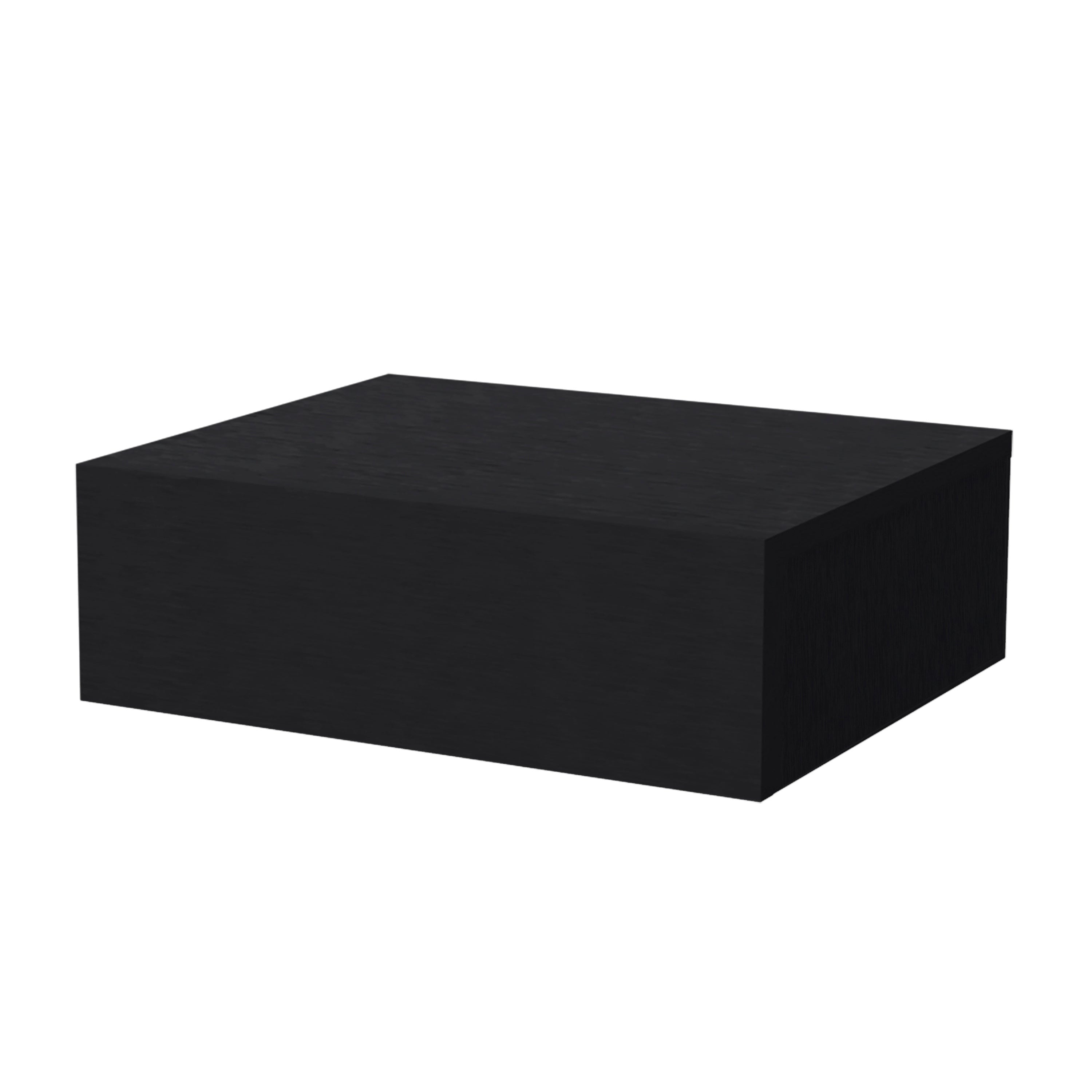Black floating wood nightstand with one drawer, front and top view