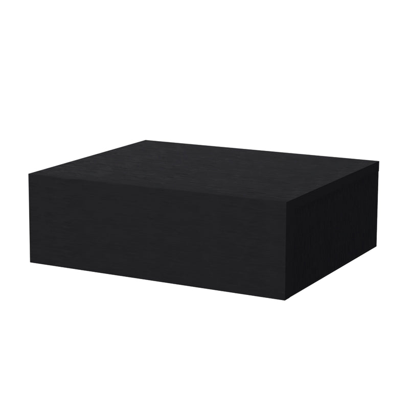 Black floating wood nightstand with one drawer, front and top view