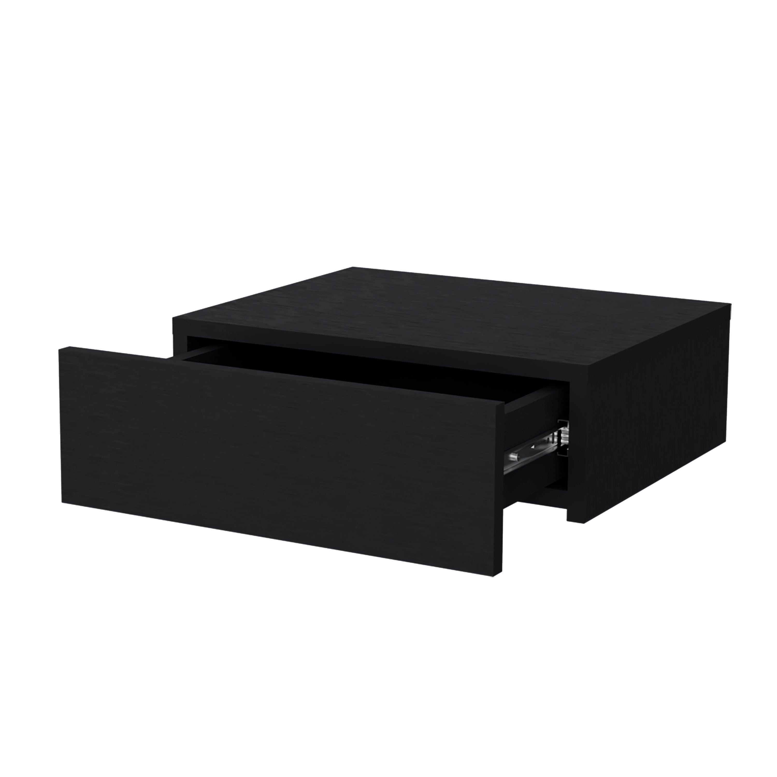 Black floating nightstand with single drawer pulled open, metal slide hardware