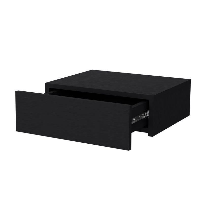 Black floating nightstand with single drawer pulled open, metal slide hardware