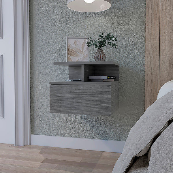 Floating gray wood nightstand with one drawer and open top shelf, wall-mounted.