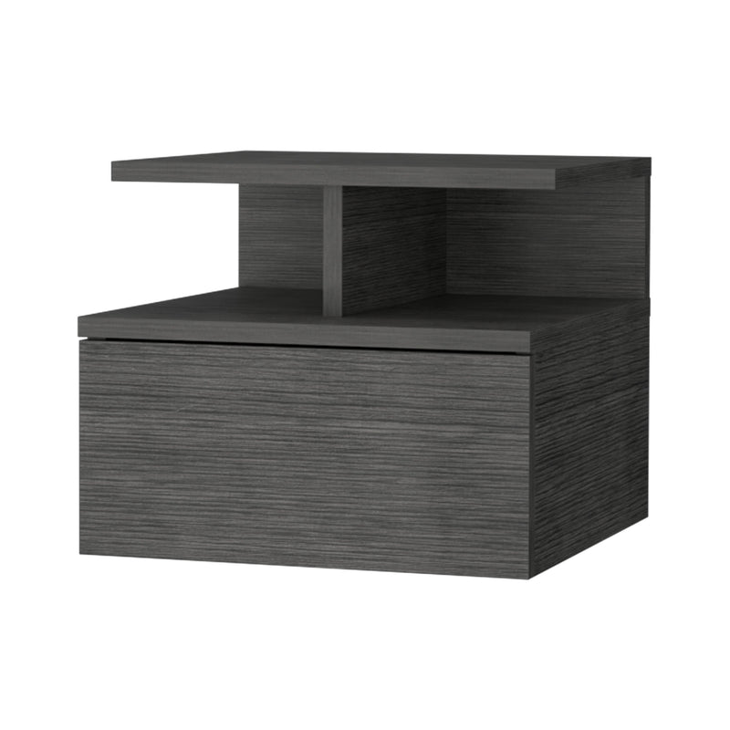 Floating gray wood nightstand with one drawer and open cubby, side view.