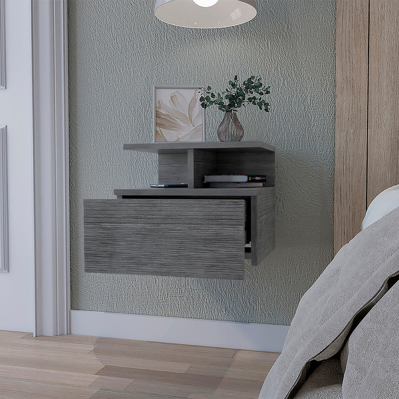 Wall-mounted floating gray wood nightstand with one drawer and open top shelf.