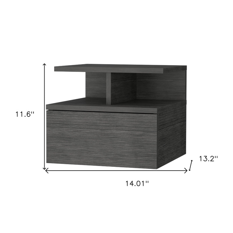 Floating gray wood nightstand with one drawer and open shelves, compact size.
