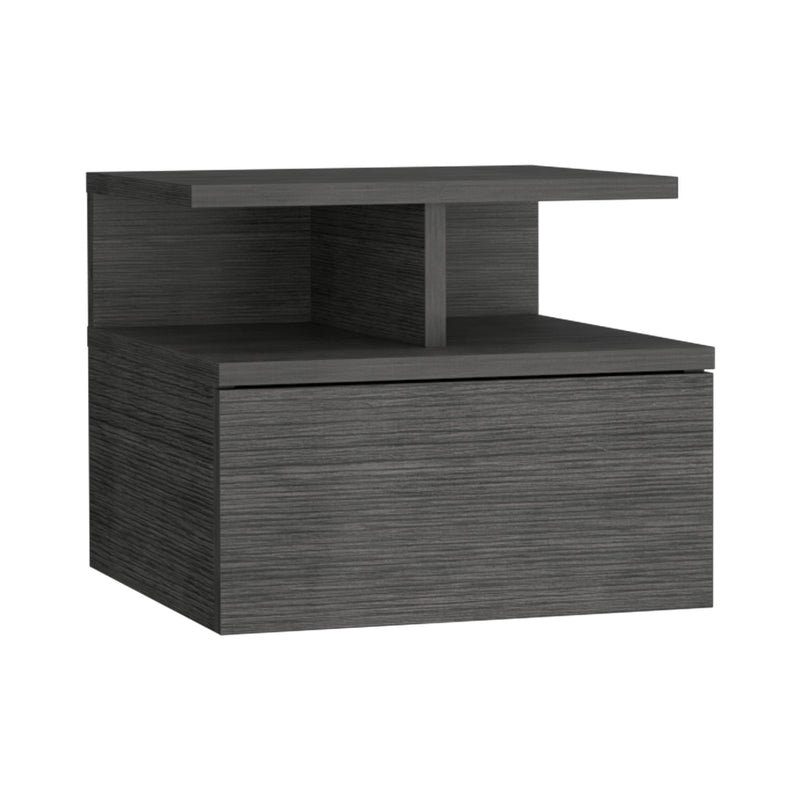 Floating gray wood nightstand with one drawer and open top compartments.