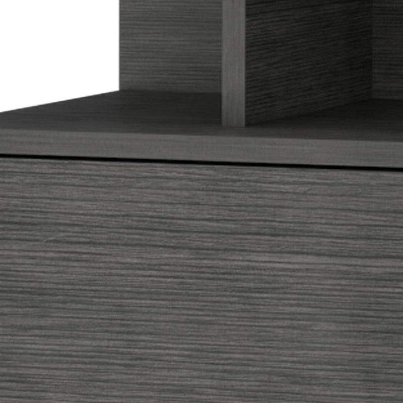 Gray wood drawer front with horizontal grain texture for a floating nightstand.