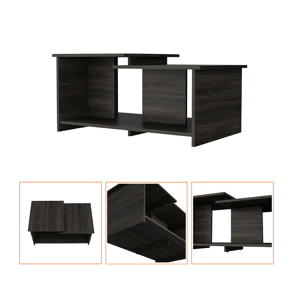 Dark espresso wood coffee table with open cubbies and center shelf, angled view