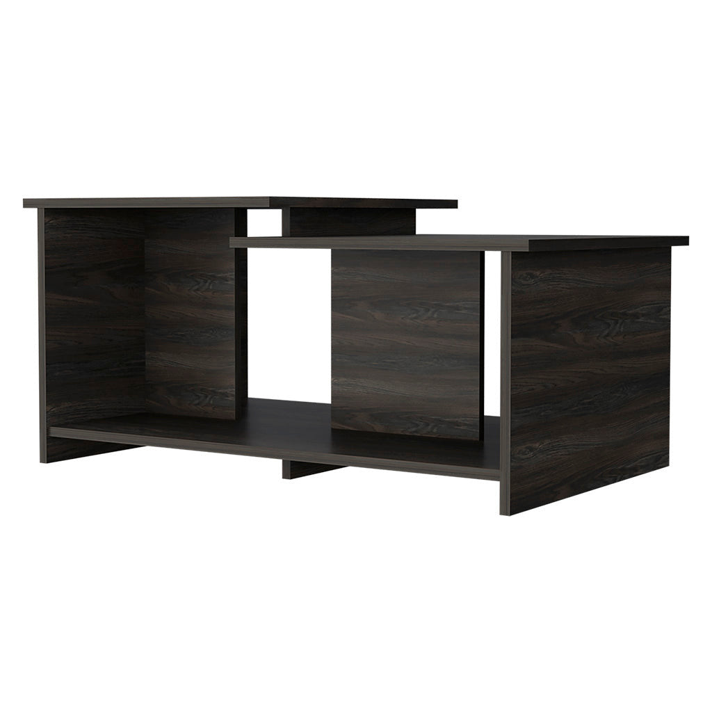 Dark espresso wood coffee table with two side open shelves and center divider
