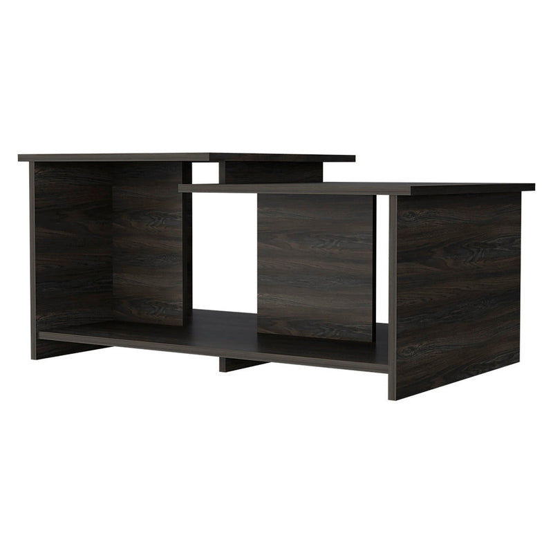 Dark espresso wood coffee table with two side open shelves and center divider