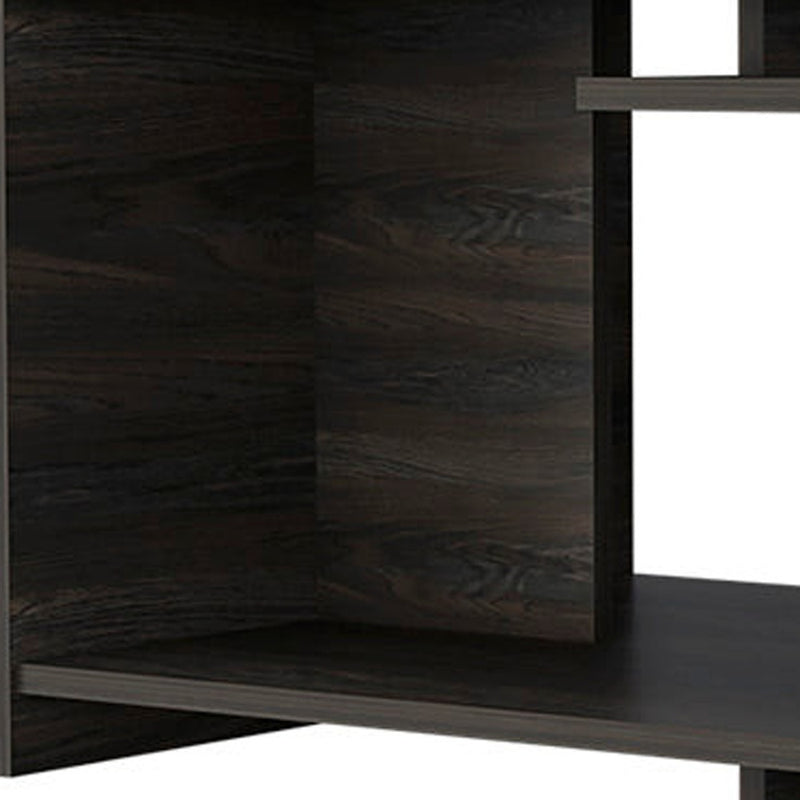 Dark espresso wood coffee table with open shelf cubby, side view