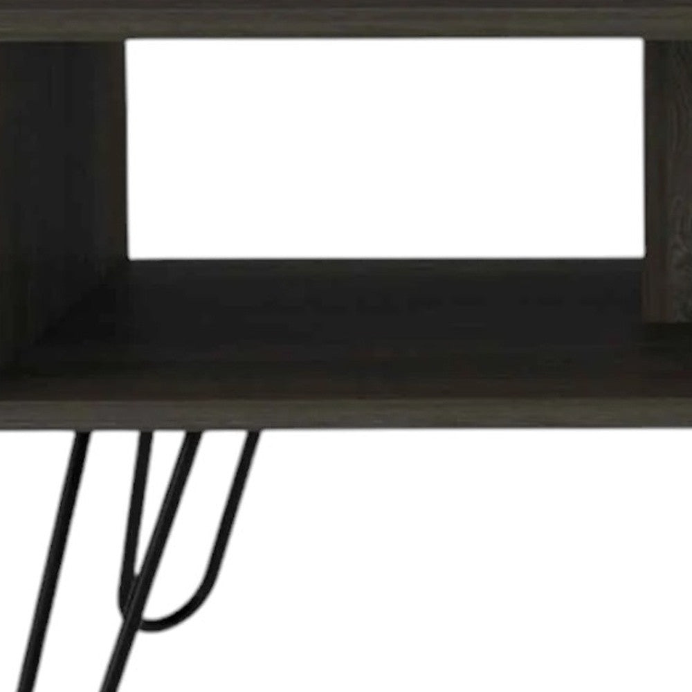 Espresso wood coffee table with open shelf and black metal hairpin legs