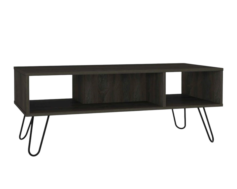 Espresso wood coffee table with lower open shelf and black metal hairpin legs