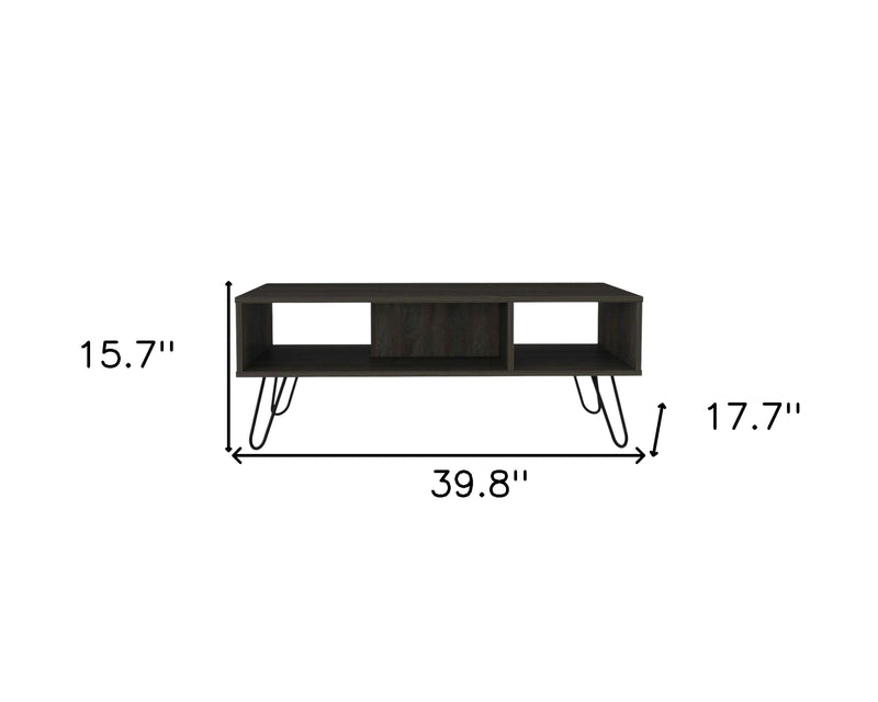 Espresso wood coffee table with double open shelf and black metal hairpin legs