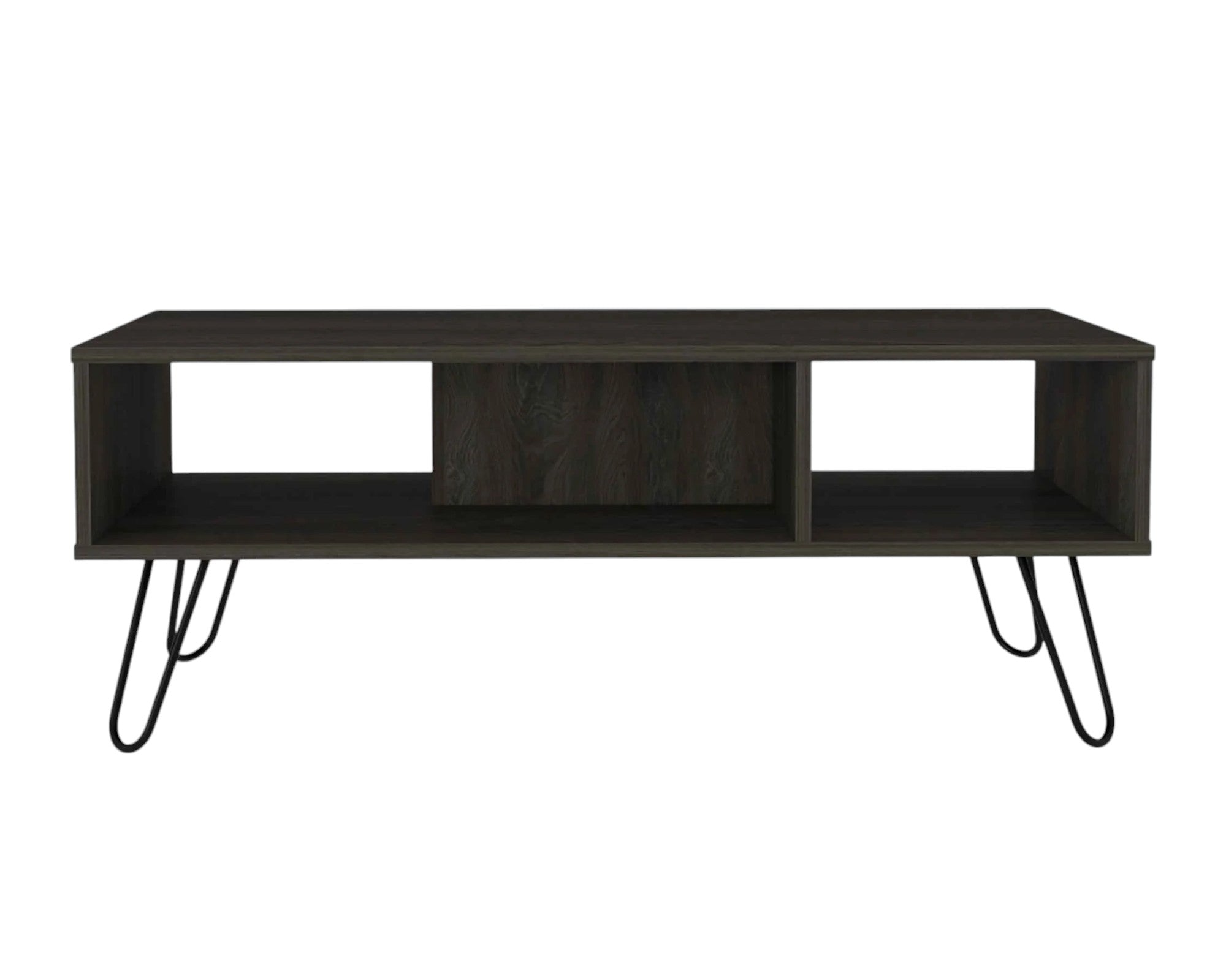 Espresso wood coffee table with central shelf opening and black metal hairpin legs