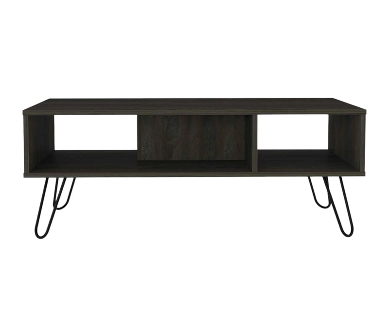 Espresso wood coffee table with central shelf opening and black metal hairpin legs