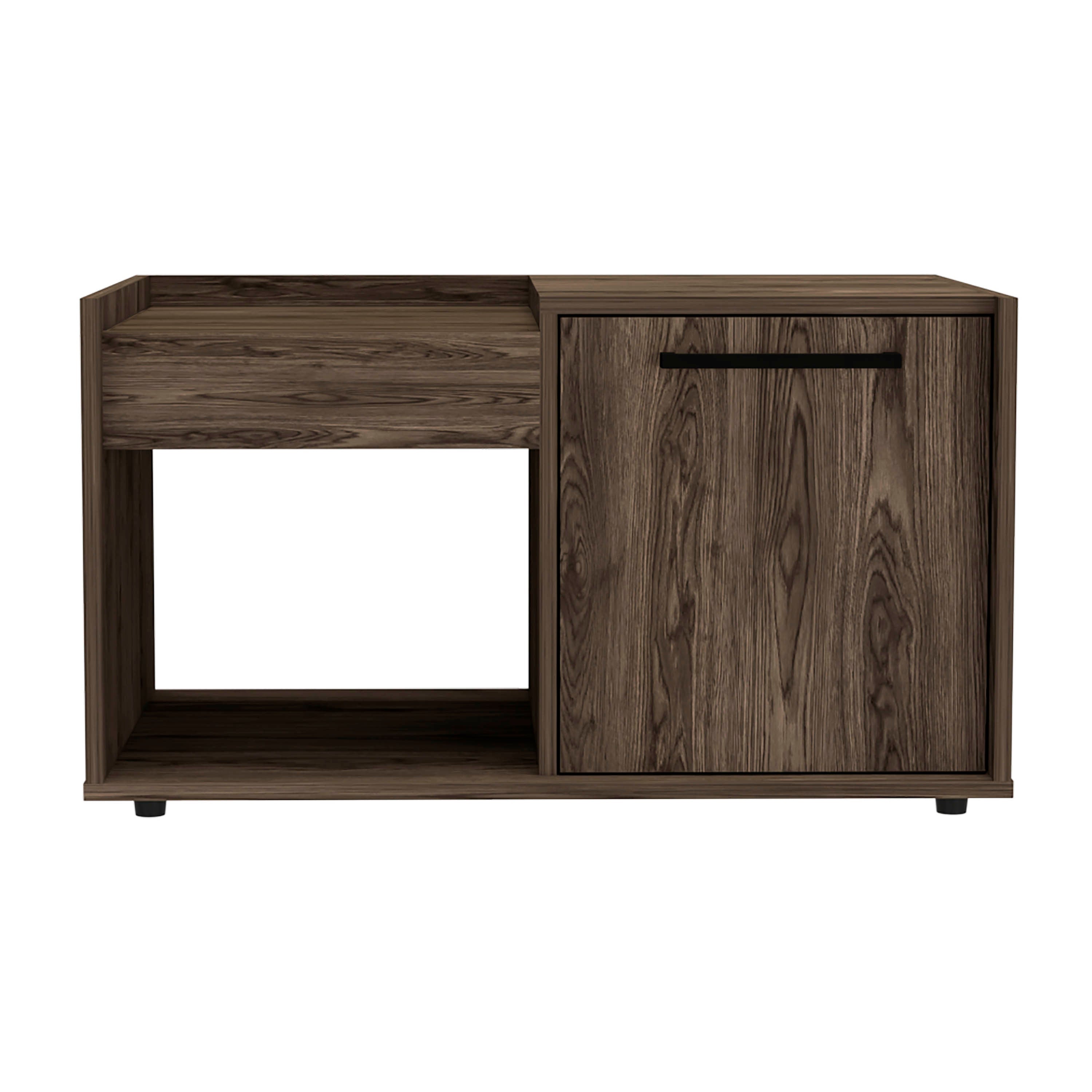 Dark brown wood coffee table with open shelf and cabinet door with bar handle
