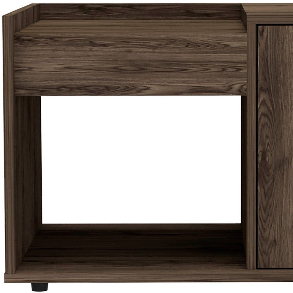 Dark brown wood open shelf frame with thick top and bottom rails