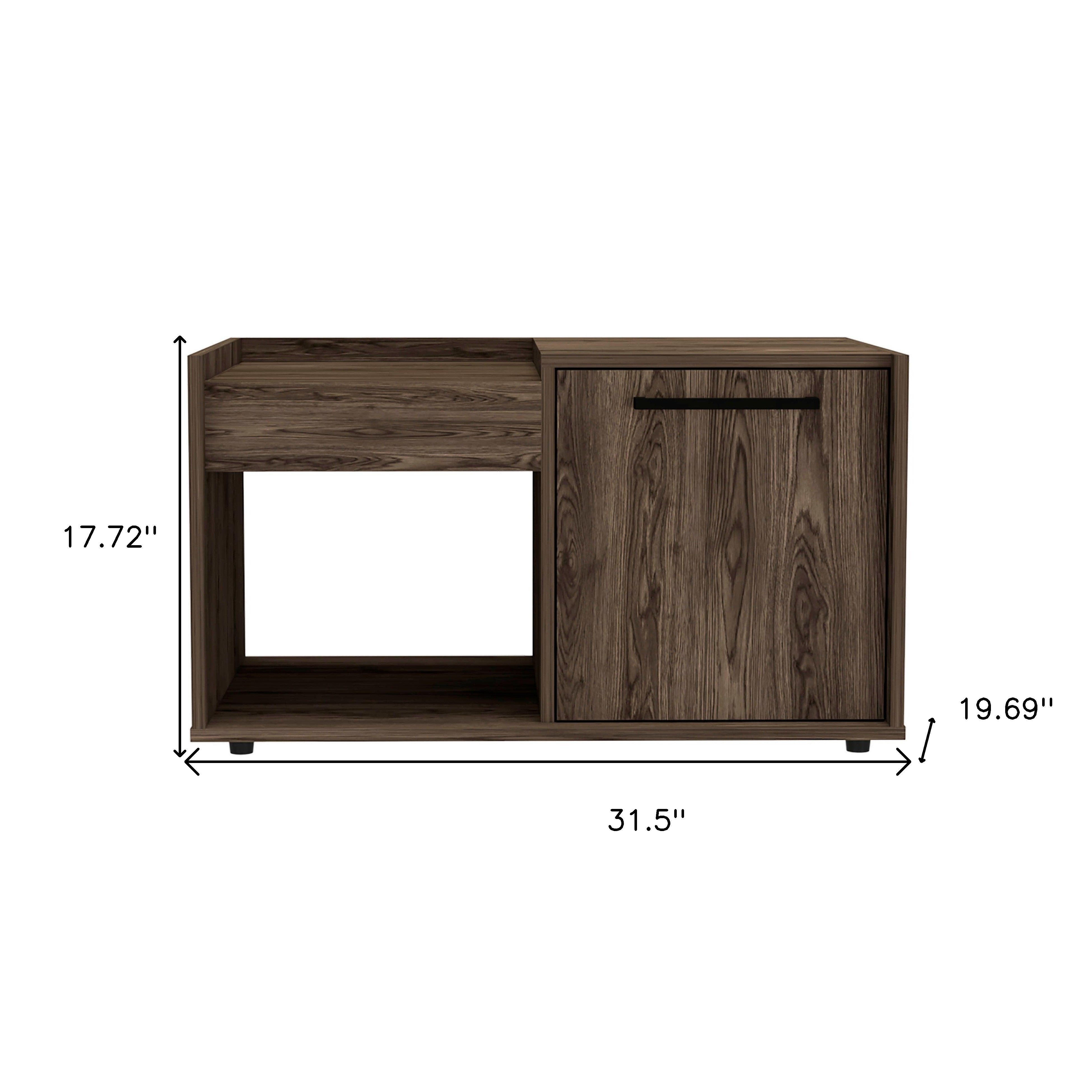 Dark brown wood coffee table with open shelf and cabinet door, with size outline