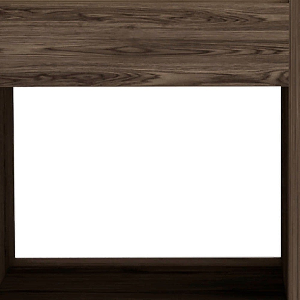 Dark brown wood open shelf compartment with rectangular back opening