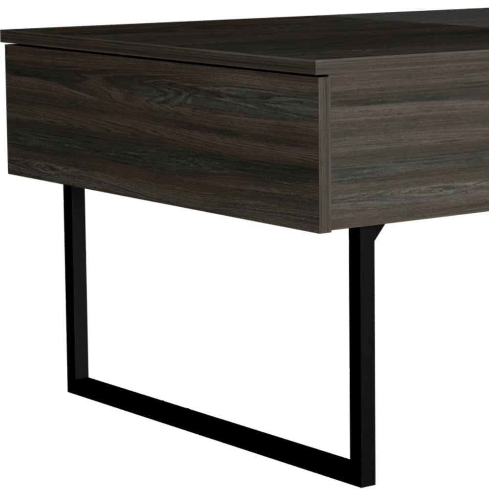 Dark espresso wood coffee table with black metal legs and sliding drawer front