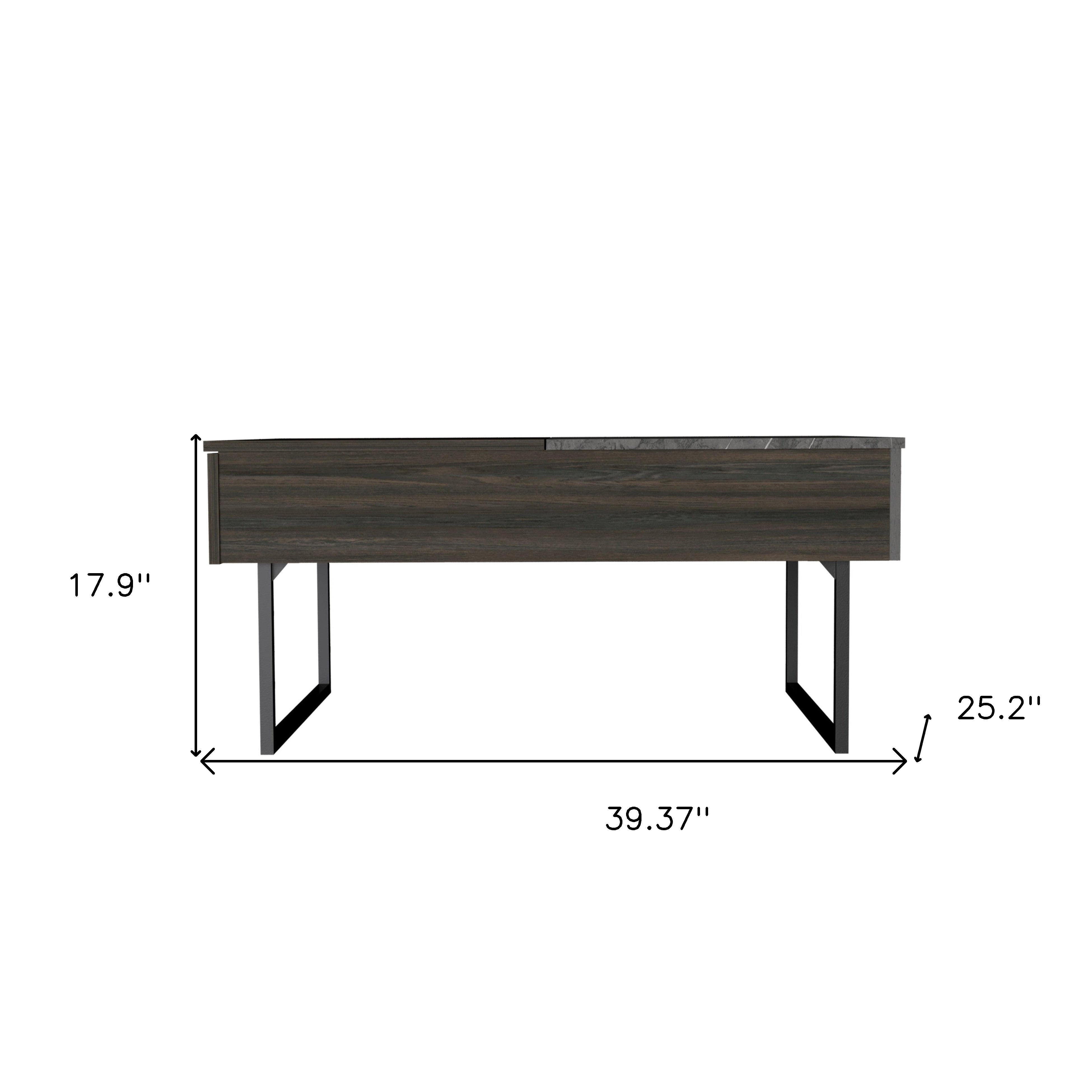 Espresso-brown coffee table design with black metal legs; front drawer shown