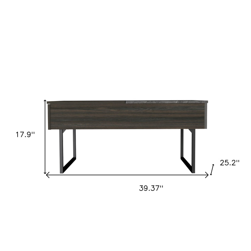 Espresso-brown coffee table design with black metal legs; front drawer shown