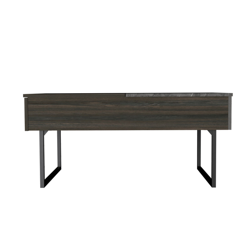 Dark wood coffee table with black metal legs and open-front drawer space
