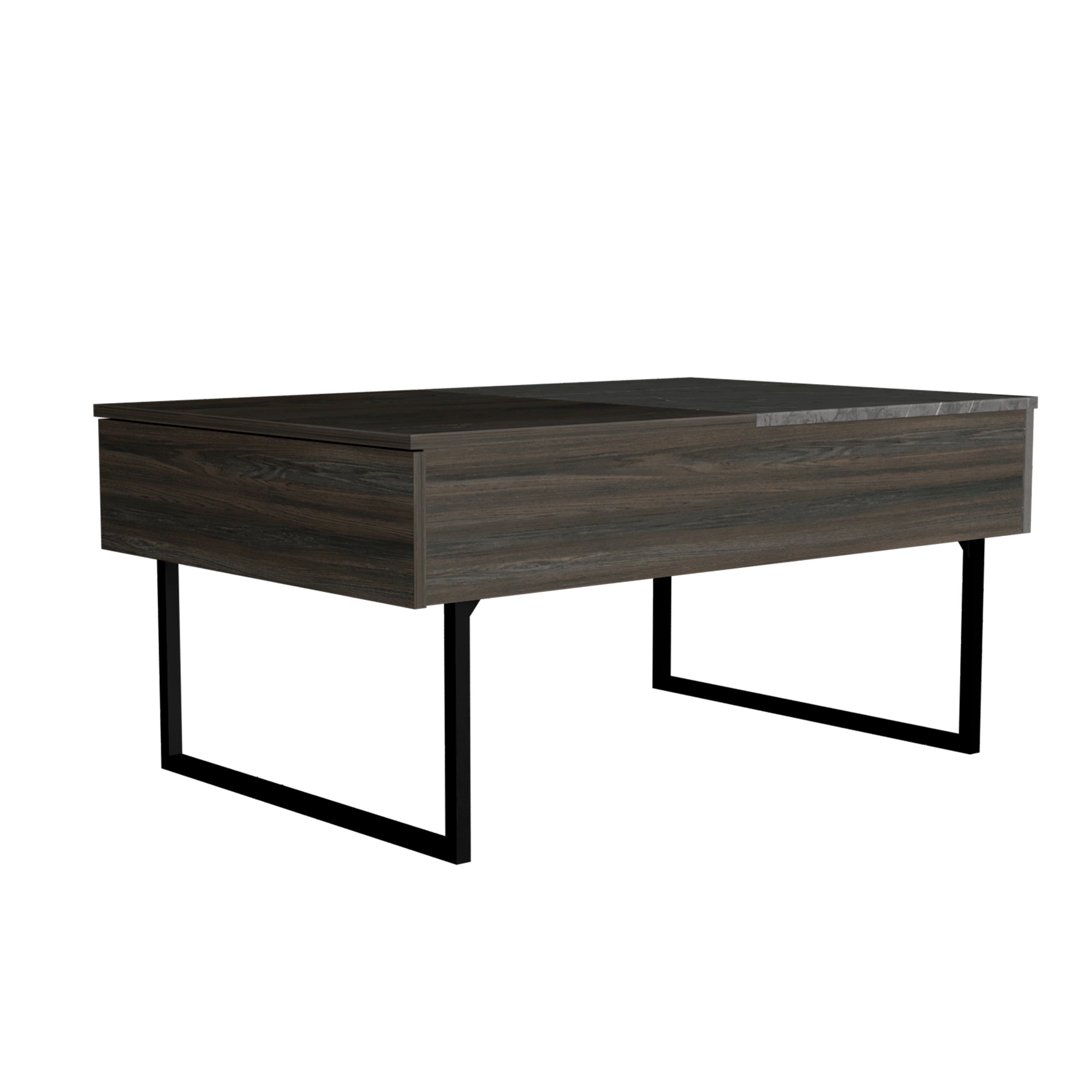 Wood coffee table with black metal legs and recessed drawer front