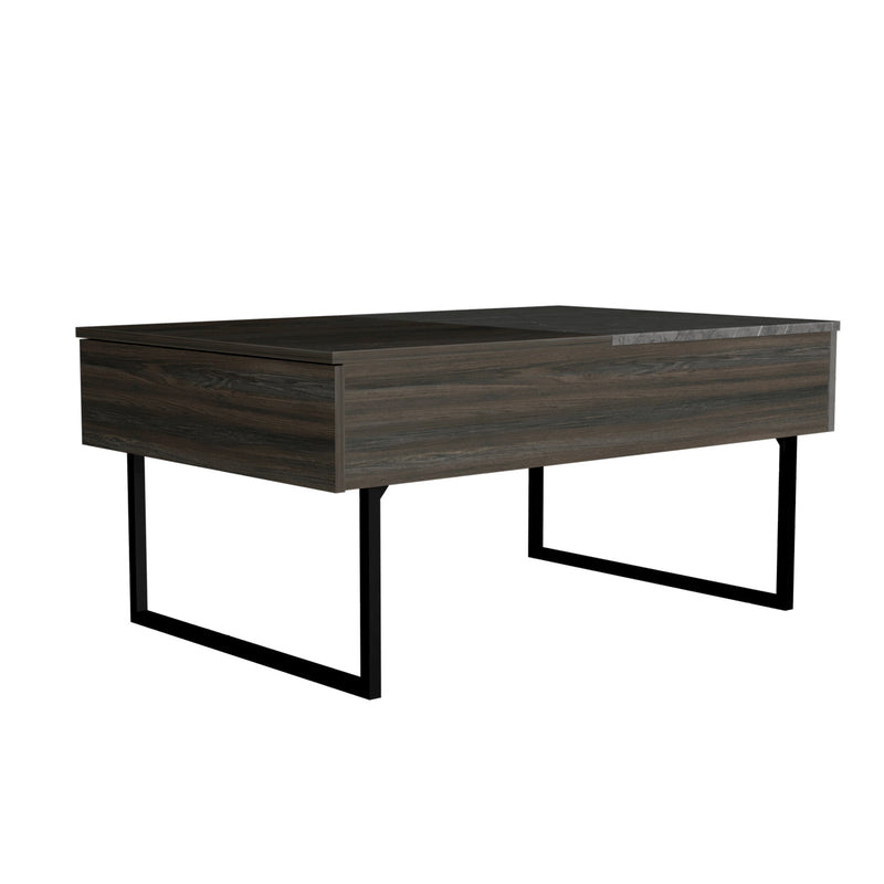 Wood coffee table with black metal legs and recessed drawer front