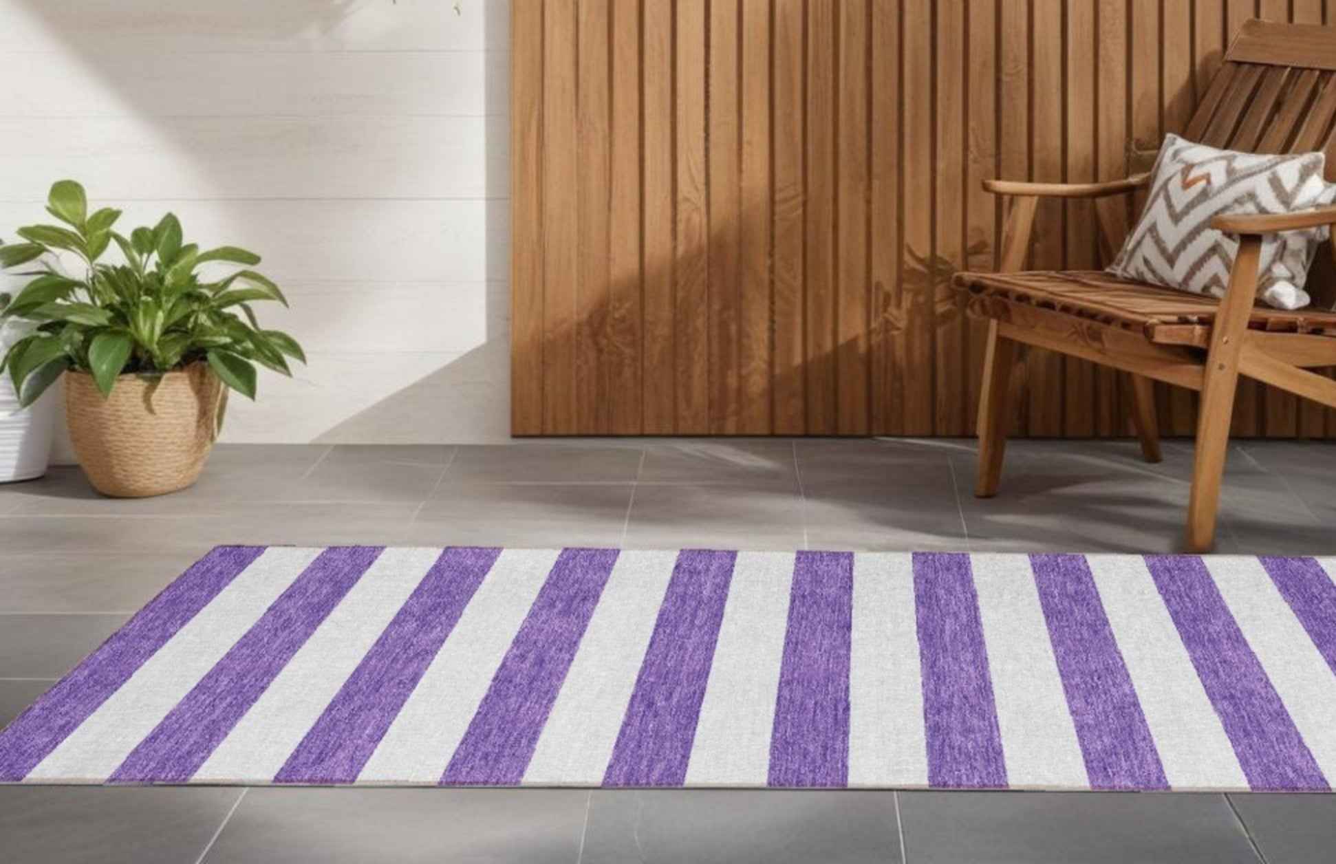 8' Runner Purple and White Striped Washable Non Skid Indoor Outdoor Runner Rug