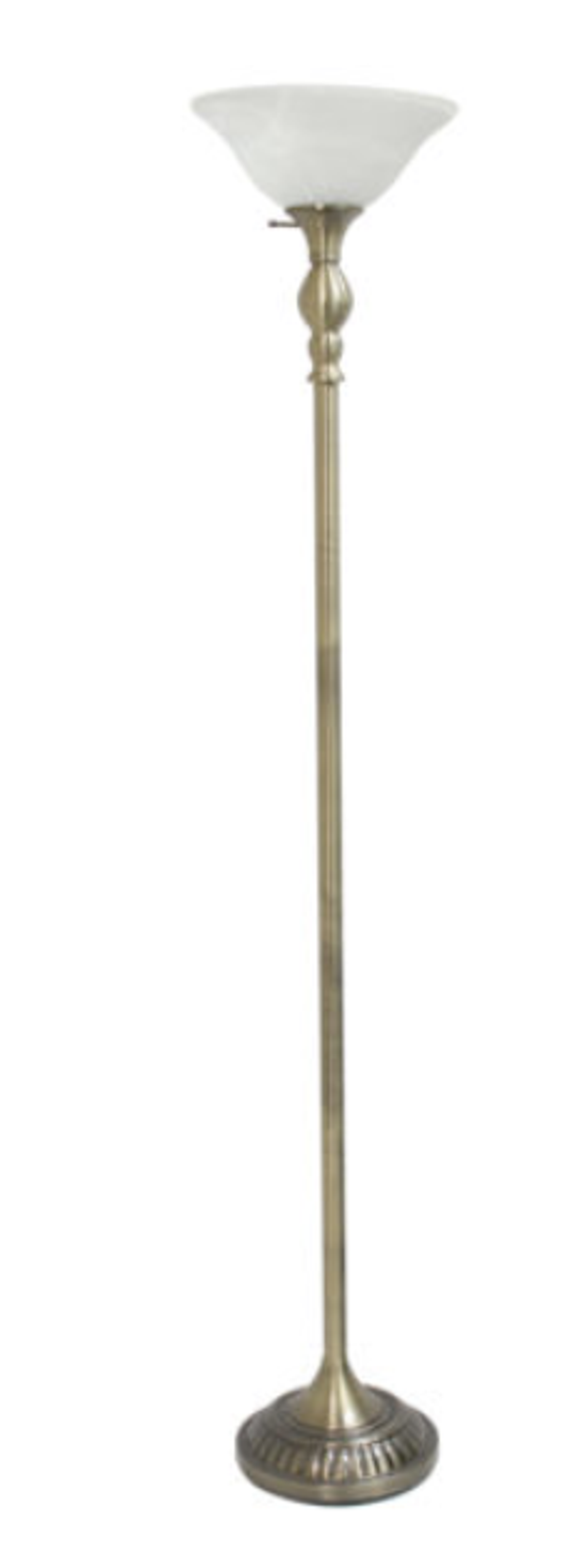 Antique brass torchiere floor lamp with white marbelized glass shade and round base