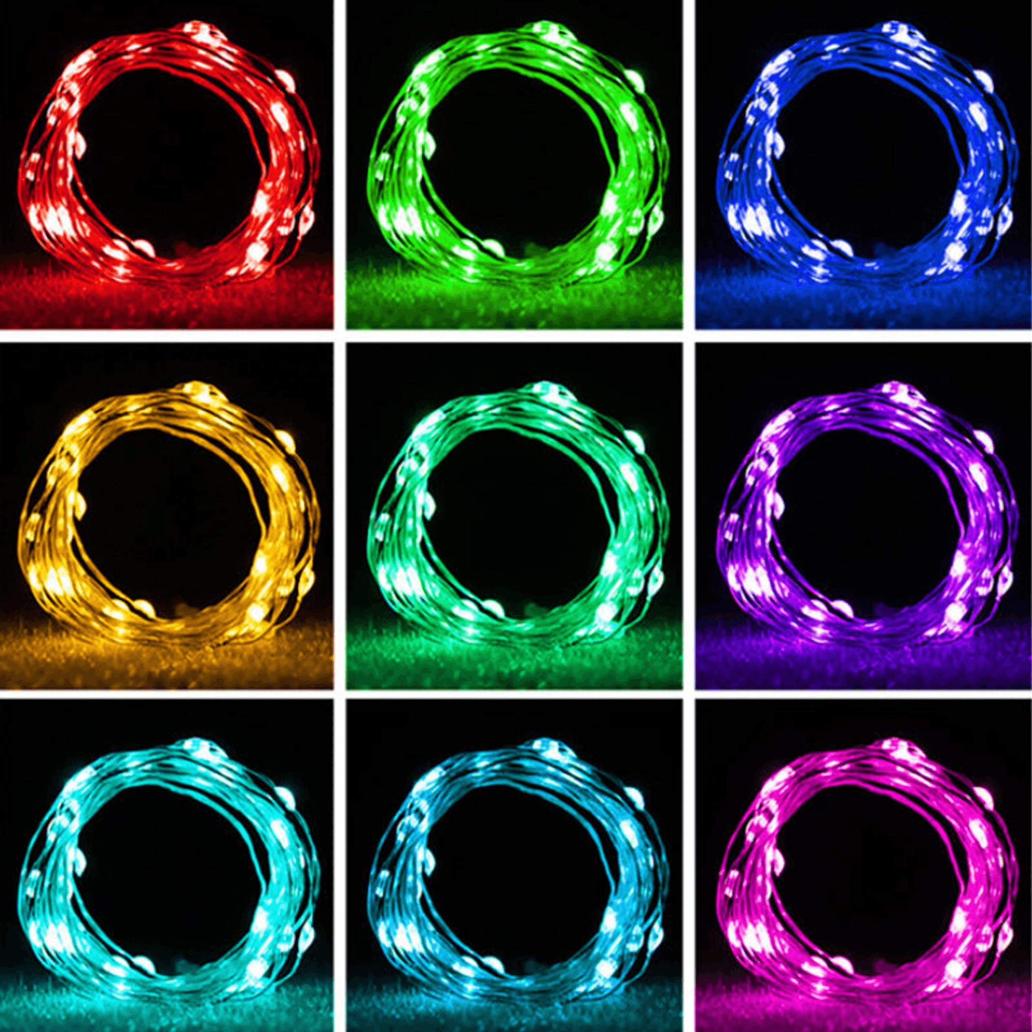 Mini home string lights color selection, red green blue purple and gold lit loops