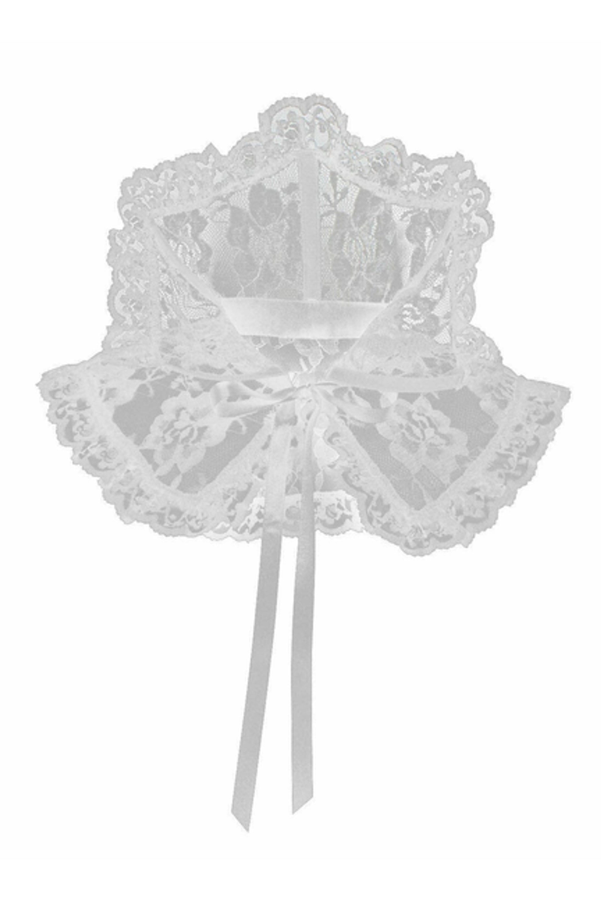 White lace ruffled neck collar with central fan panel, scalloped trim and ribbon ties