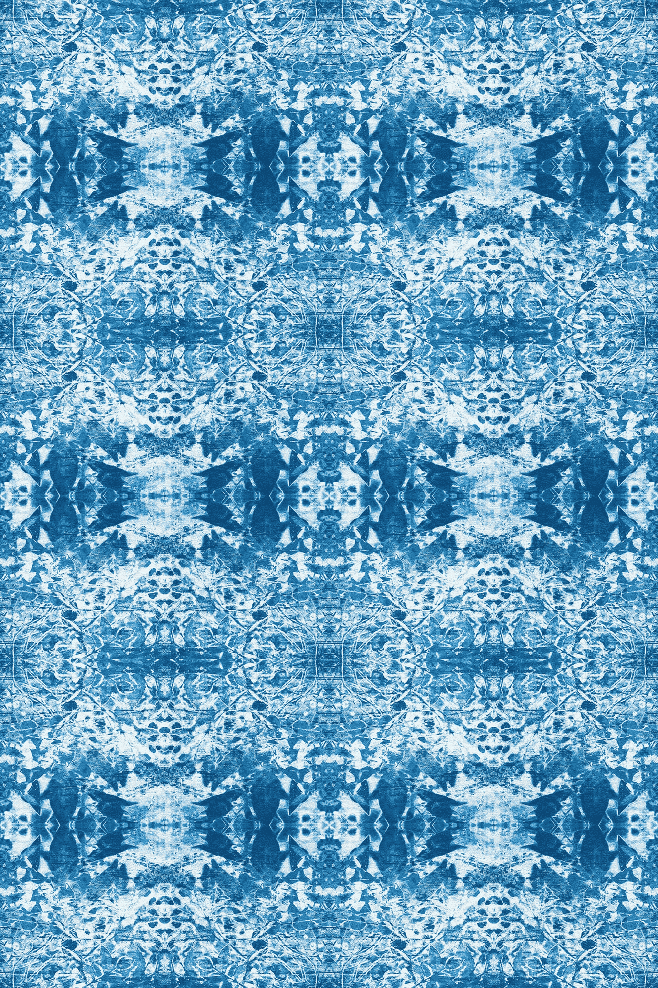 Blue abstract vinyl floor covering with geometric distressed texture and motifs