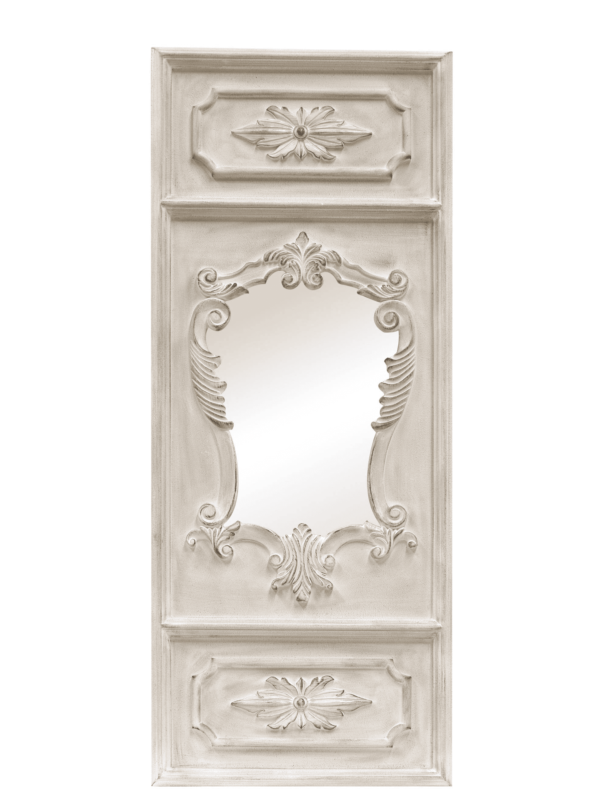 White ornate vertical wall mirror with floral crest, arched center, and scrollwork frame