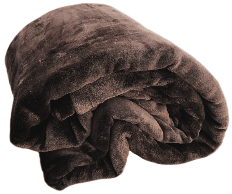 Rolled dark brown plush flannel throw blanket, soft textured pile close-up
