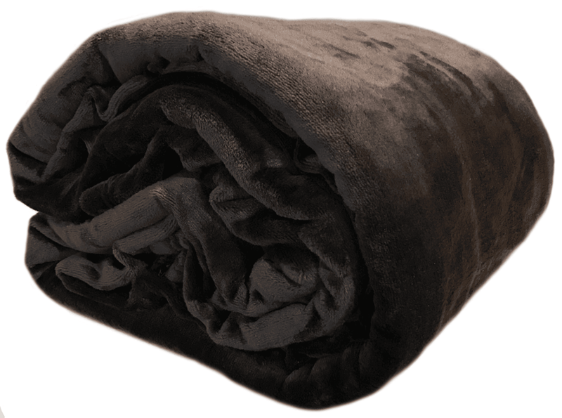 Dark brown plush flannel throw blanket roll with layered folds, close-up