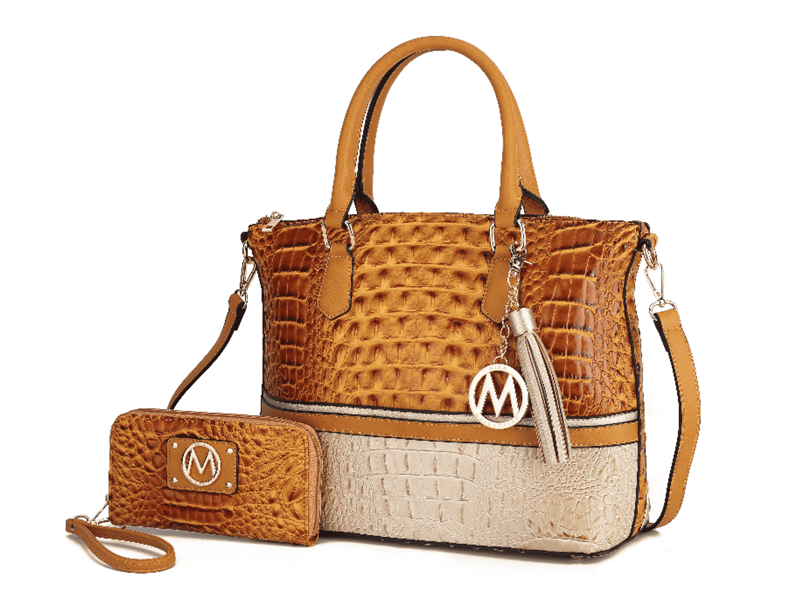 Crocodile-texture tote bag with detachable wallet, orange and beige color block, top handles