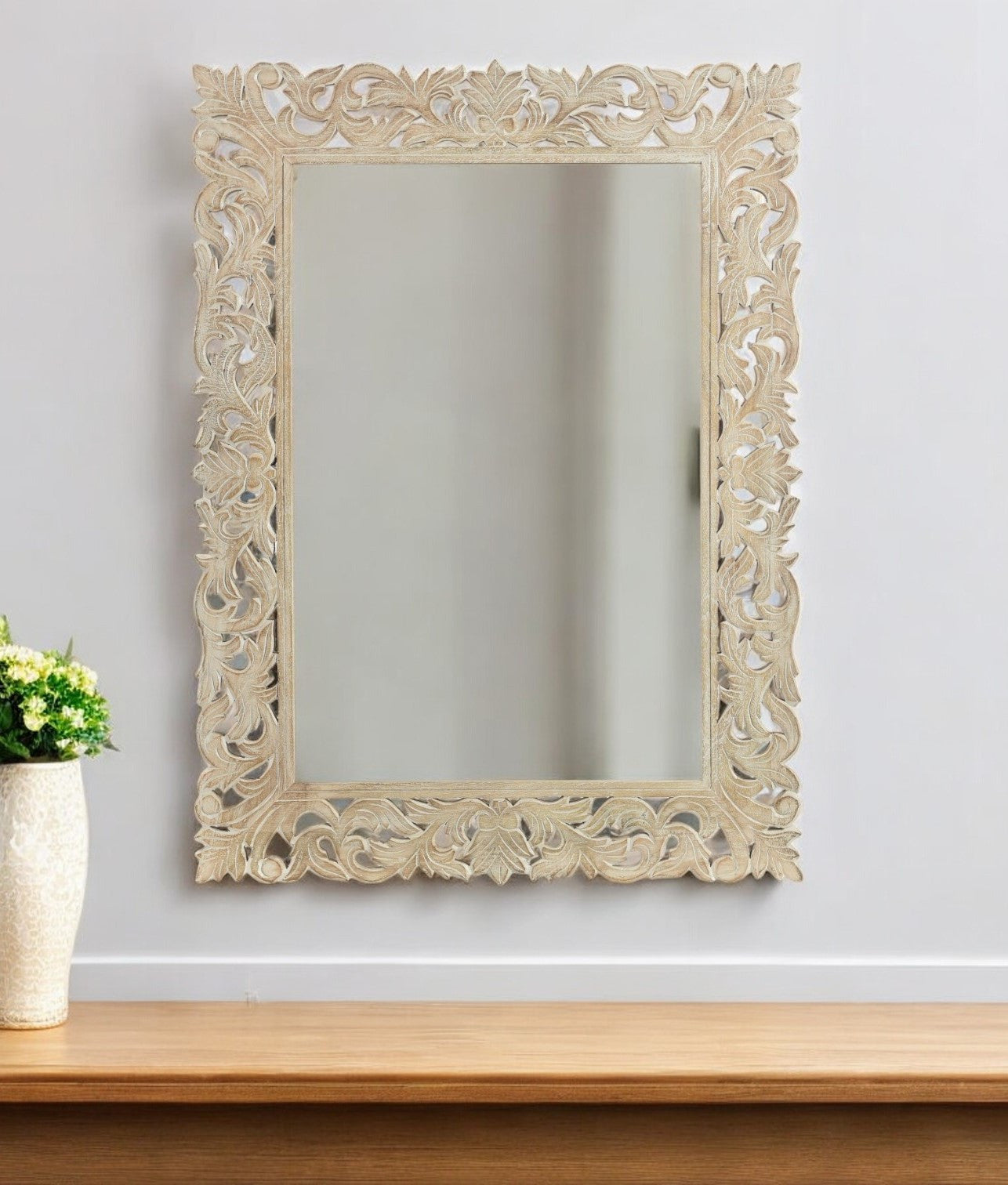 47" Antiqued White Solid Wood Carved Scrollwork Accent Mirror Default Title