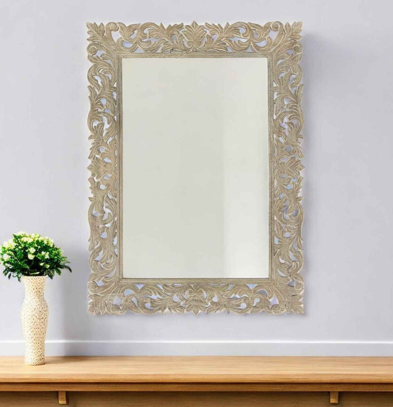 35" Gray Floral Carved Solid Wood Framed Accent Mirror
