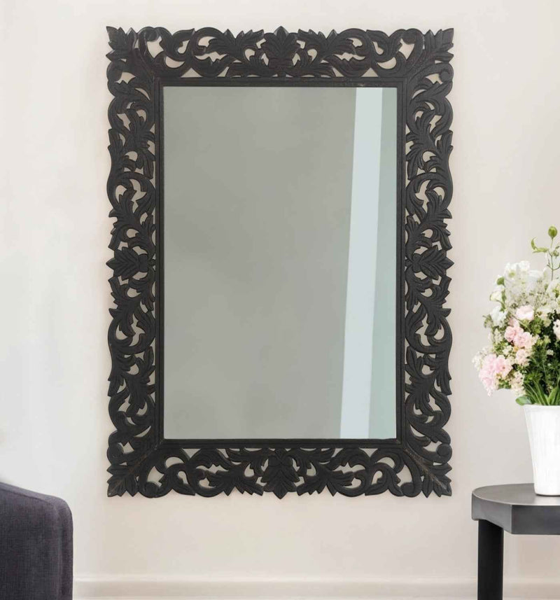 47" Black  Floral Carved Solid Wood Framed Accent Mirror