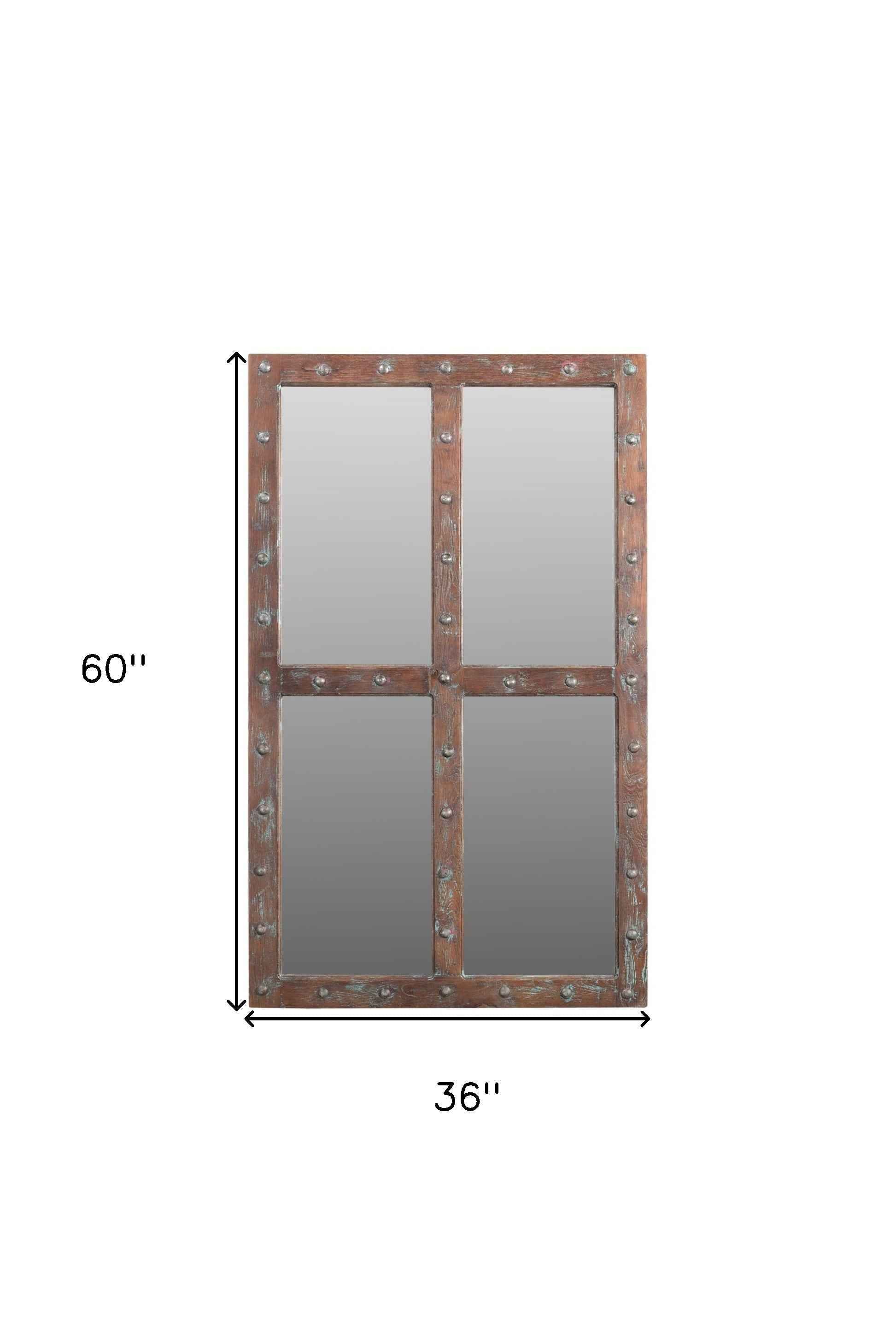 60" Wood Brown Rustic Solid Wood Window Pane Framed Accent Mirror