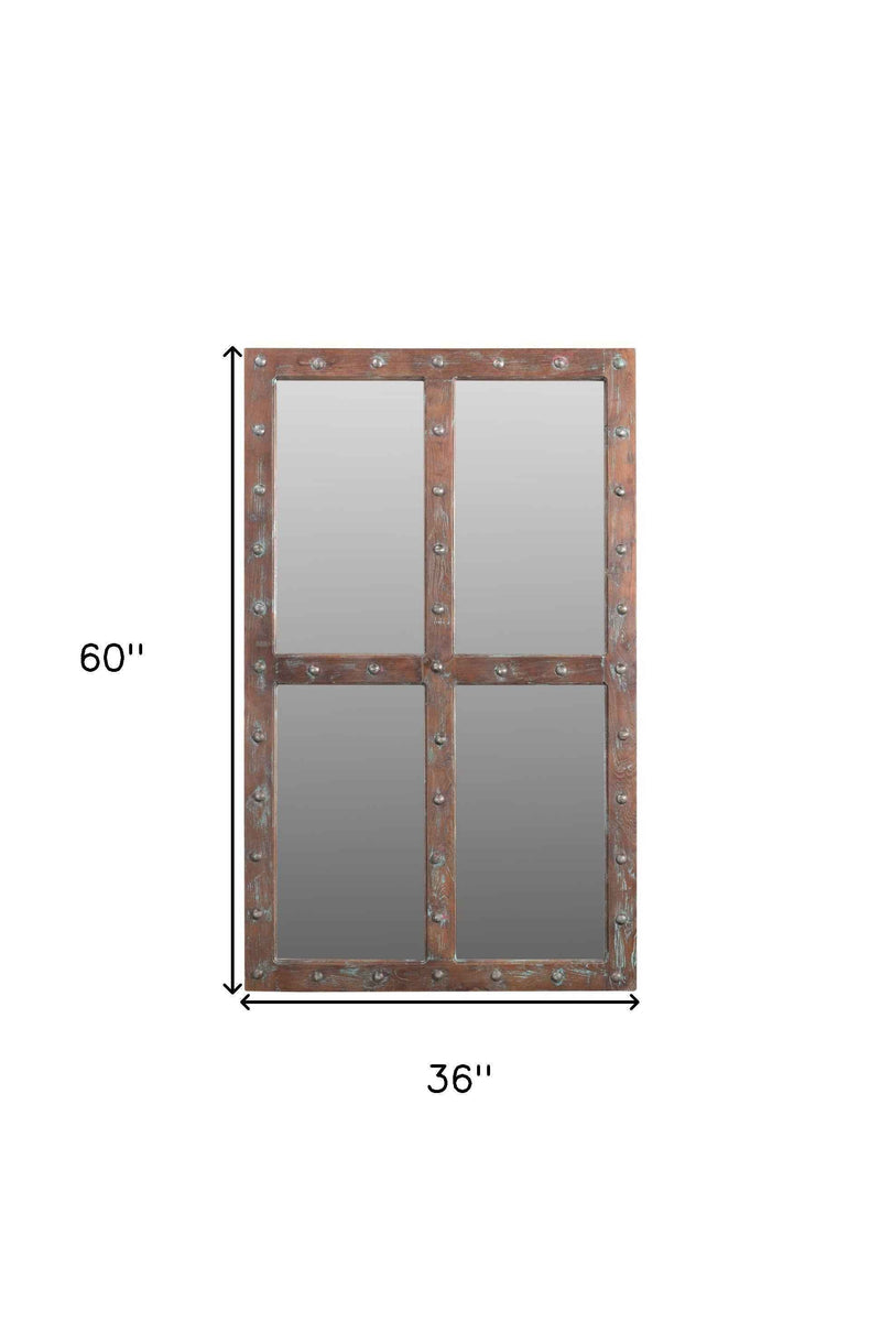 60" Wood Brown Rustic Solid Wood Window Pane Framed Accent Mirror