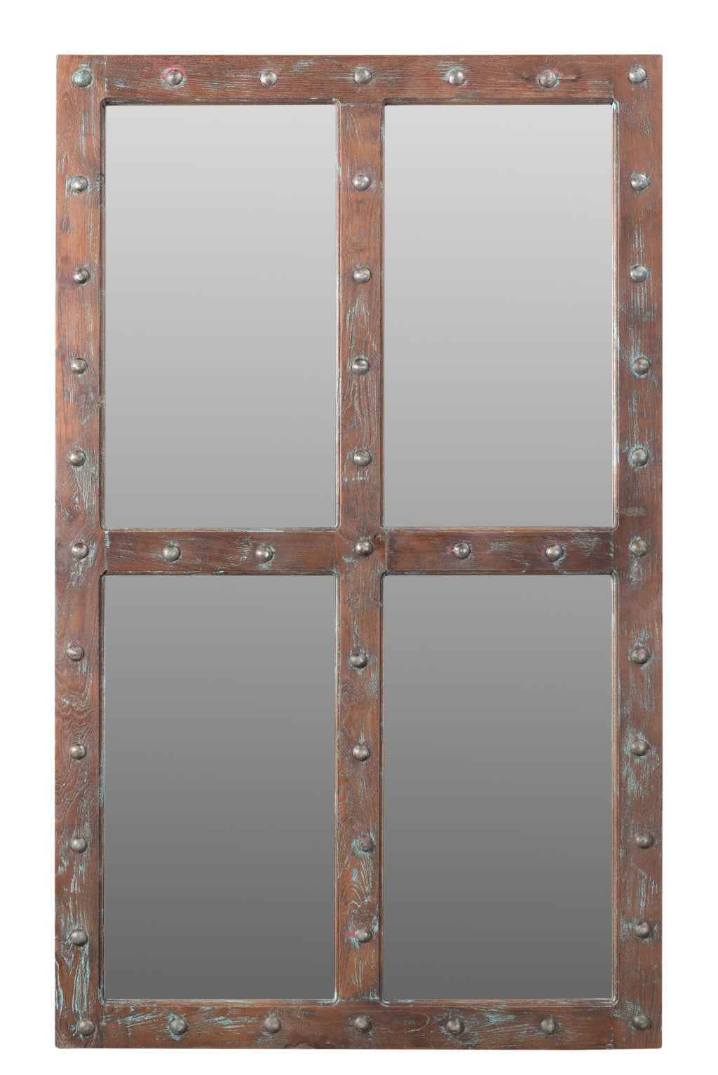 60" Wood Brown Rustic Solid Wood Window Pane Framed Accent Mirror